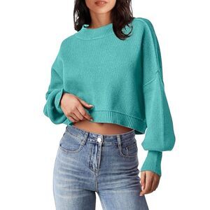 Sweater Womens L Blue Crop Top Crewneck Cropped Batwing Sleeve Ribbed Tops D1